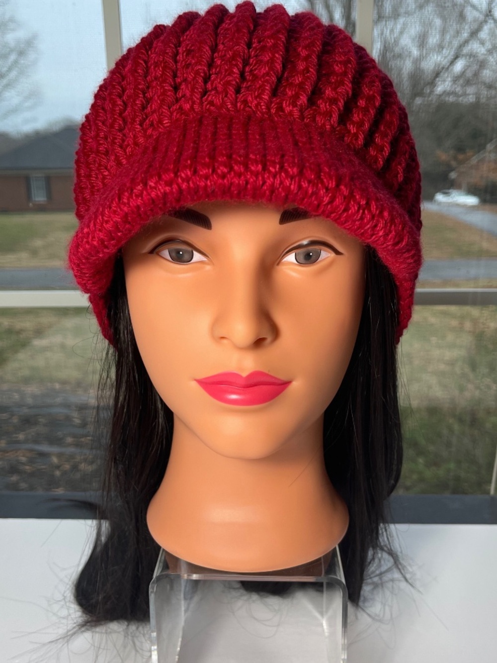 Handmade Crocheted Deep Red Newsboy Beanie with Brim
